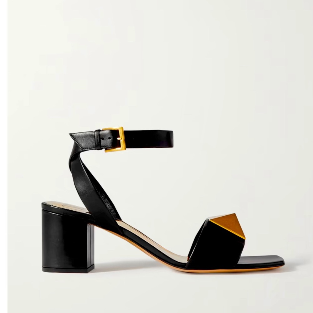 Valentino Garavani One Stud Gold Bkack Block Heel Sandal 36